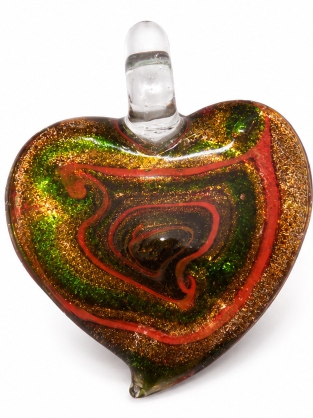 Handmade Green & Gold Heart Glass Pendant with Red Accents